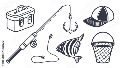 Fishing gear and equipment set. Angling tools with fish, rod, hook, tackle box, net, and cap. Outdoor sport hobby collection.