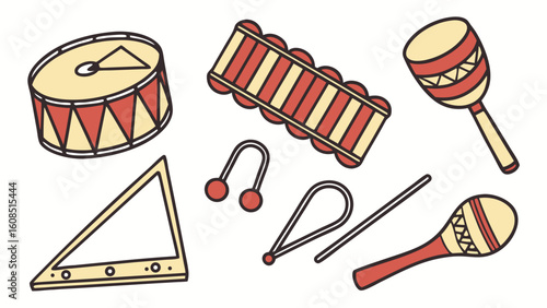 Kids musical instruments. Percussion set with drum, maracas, tambourine, triangle, bells. Music education, play, and learning.