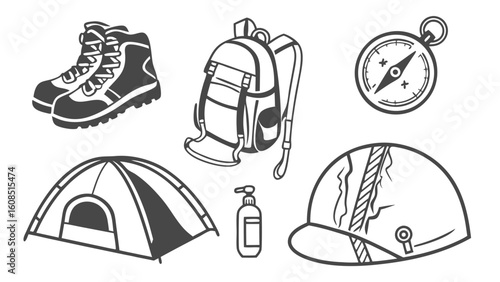 Essential camping and hiking gear set. Outdoor adventure travel equipment collection with tent, boots, backpack, compass.