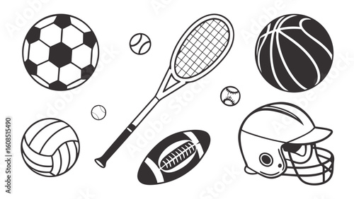 Sports equipment and gear collection. Black and white outline vector icons for various athletic activities.