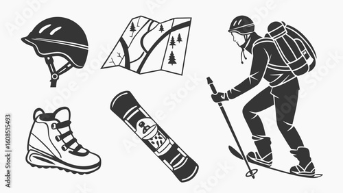 Winter sports and outdoor adventure gear set. Skiing, snowboarding, hiking equipment. Mountain recreation concept.
