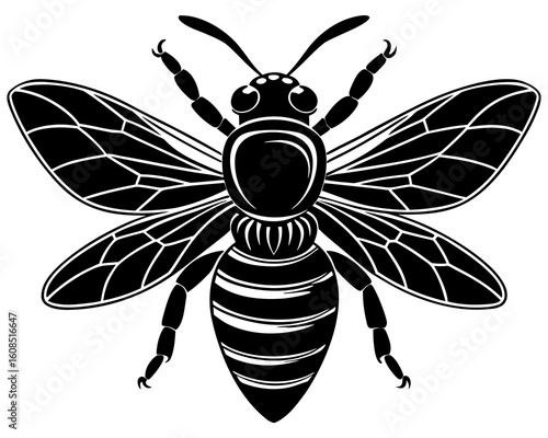 Stylized black and white silhouette of a honey bee with intricate wing details