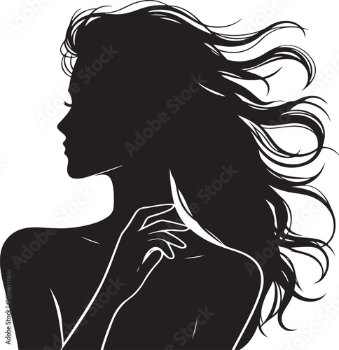 Silhouette of a pensive woman vector, Woman half body silhouette vector illustration, Woman hair style vector 