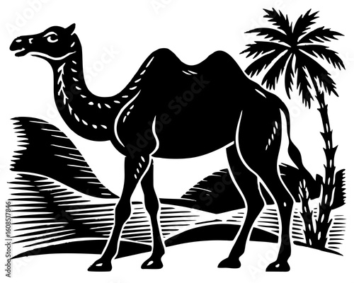 Black and white woodcut illustration of a dromedary camel in a desert landscape with palm trees
