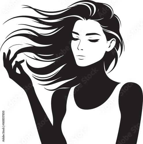 Silhouette of a pensive woman vector, Woman half body silhouette vector illustration, Woman hair style vector 