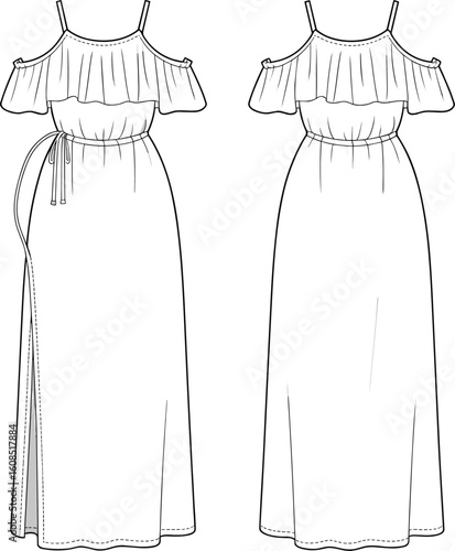 Off shoulder maxi dress fashion sketch, flat vector illustration, elegant summer dress technical drawing, CAD apparel design template, stylish wear