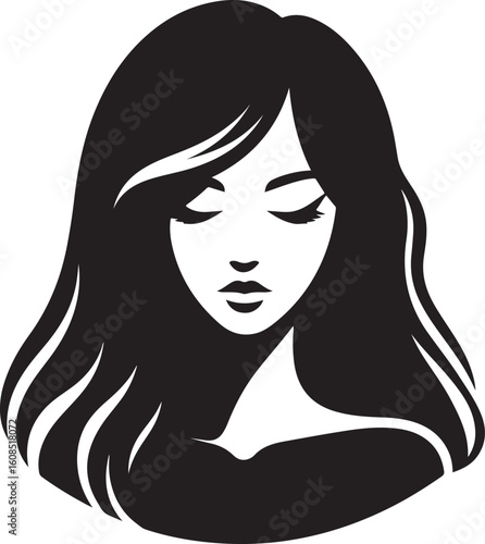 Silhouette of a pensive woman vector, Woman half body silhouette vector illustration, Woman hair style vector 
