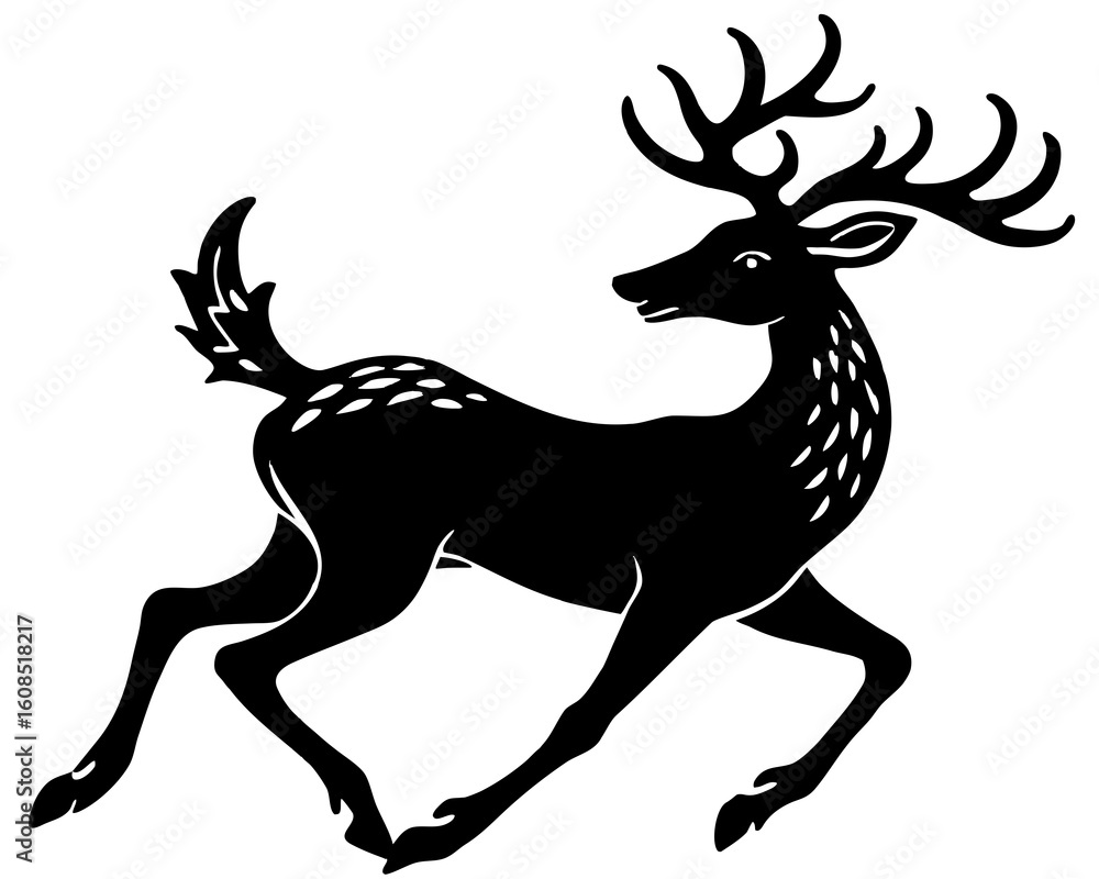 Fototapeta premium Stylized silhouette of a running deer with antlers and spots