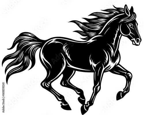 Majestic black horse galloping with flowing mane and tail