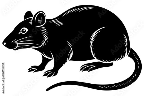 Black rat illustration with detailed fur texture and long tail