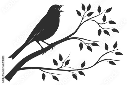 Silhouette of a bird singing on a branch with leaves