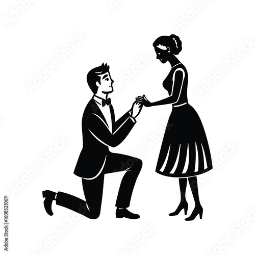 Silhouette of a man proposing to a woman with a vintage style