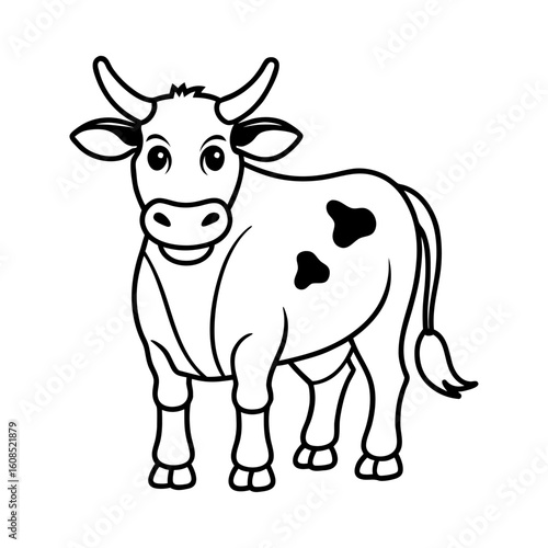 Vector art of a cute cow with spots stands cheerfully, isolated on white background, representing farm animals and rural life