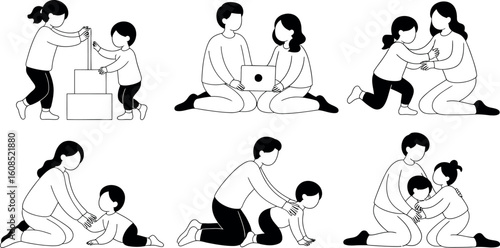 Family activities and bonding moments illustrated in line art