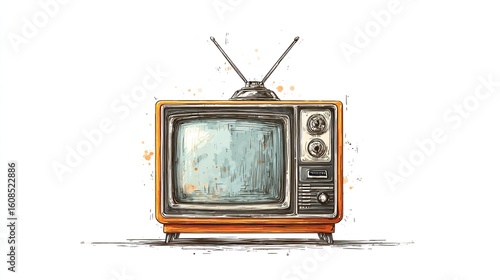 Wallpaper Mural A hand-drawn illustration of a vintage, orange-toned television set with rabbit ear antennas, featuring a slightly dusty screen and a sketched, watercolor-splattered background Torontodigital.ca