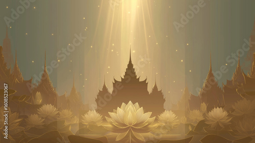 Khmer Temple Openings, minimalist vector illustration of Khmer temple silhouette with lotus flowers and golden light rays