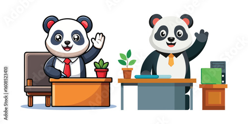 Cute corporate panda waving cheerfully from behind office desk, business mascot vector design perfect for corporate presentations, workplace themes, and professional branding.