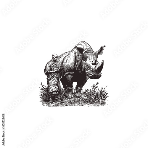Black and white classical engraving style vector illustration featuring a peaceful interaction between a monk and a rhinoceros.
