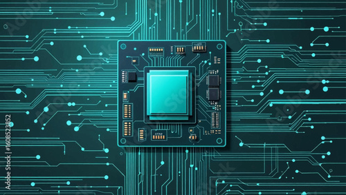  Technology connected blue lines with electronics elements on tech bg. Computer motherboard with a chip, processor, and semiconductor