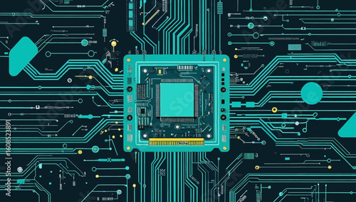 Abstract AI circuit board background. Technology connected blue lines with electronics elements
