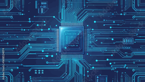 Abstract AI circuit board background. Technology connected blue lines with electronics elements