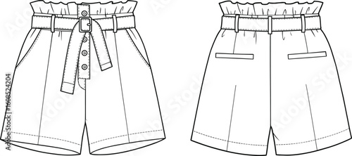 Paperbag waist shorts flat sketch, vector fashion drawing, high waist shorts template, technical design, women’s summer shorts