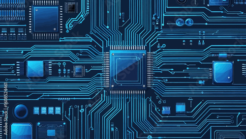 Abstract AI circuit board background. Technology connected blue lines with electronics elements