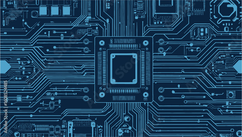 Abstract AI circuit board background. Technology connected blue lines with electronics elements