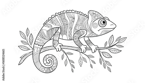 Detailed chameleon coloring page for kids and adults, intricate patterned lizard on branch, black and white animal illustration, style art.