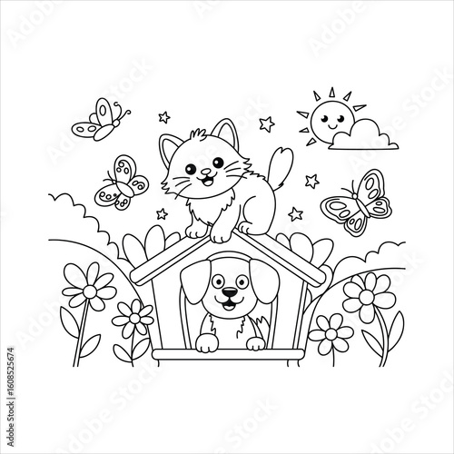 Cute kitten and puppy in garden with butterflies, flowers, and sun, black and white coloring page for kids, playful animal illustration.