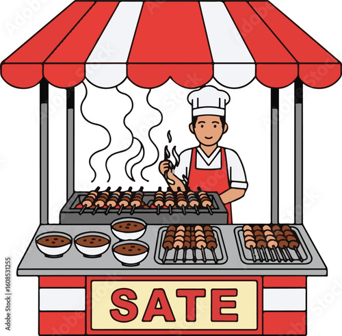 Cartoon illustration of a street food vendor grilling traditional sate skewers at a market stall.