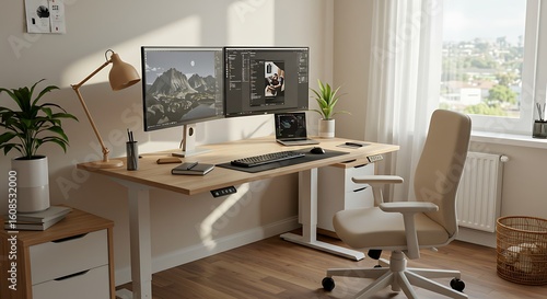 Modern adjustable standing desk setup for creative work at home with dual monitors and natural light