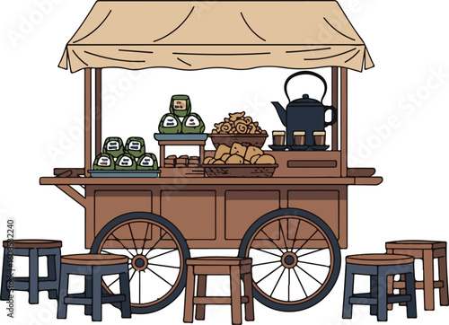 Traditional Asian street food cart with tea and snacks. Vector illustration of a mobile food stall business isolated on white.