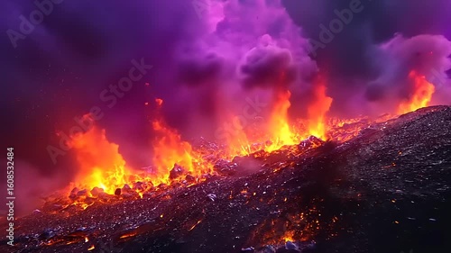 Erupting volcano spewing lava and ash under a dramatic purple sky, showcasing nature's power