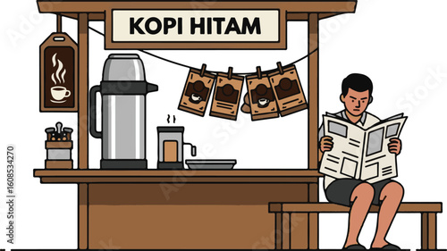 A man enjoying his morning routine, reading a newspaper at a traditional Asian street coffee stall. Vector illustration.
