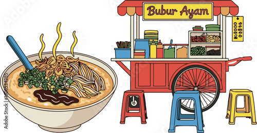 Vector illustration of traditional Indonesian street food, featuring a hot bowl of Bubur Ayam chicken congee and a vendor cart