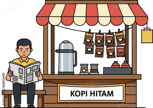 Street Coffee Vendor with Customer Reading Newspaper in Vector Illustration 22.eps