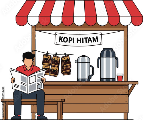 A man relaxes reading a newspaper at a traditional street coffee stall. Vector illustration of a local small business.