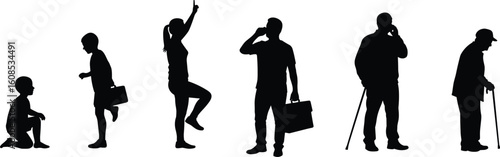Silhouette illustration of human life stages, child kneeling, adult jumping, elderly with cane, aging process, growth, side view, development concept