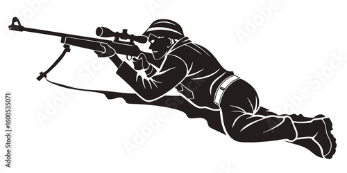 A striking silhouette of an armed soldier with a rifle, an evocative vector illustration depicting military action with a stark black shadow of a person