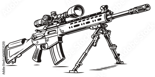 An isolated black and white automatic assault rifle vector illustration depicting a military machine gun or handgun with a trigger