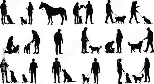 Silhouette of people with dogs and horse, outdoor pet care, walking, training, animal bonding, lifestyle concept, companionship, vector illustration