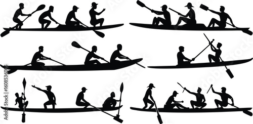 Vector art of silhouettes of people in kayaks engaged in various paddling activities isolated on transparent background.