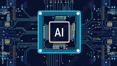 Digital AI chip, semiconductor, and CPU on dark blue technology background