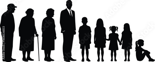 Silhouette of diverse family generations, age progression concept, people standing and sitting together, unity, childhood to old age, isolated