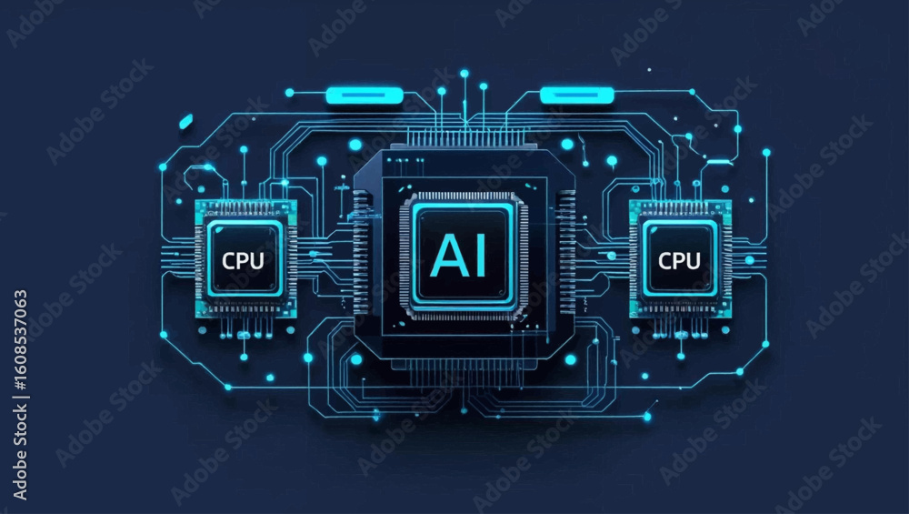 Fototapeta premium Digital AI chip, semiconductor, and CPU on dark blue technology background