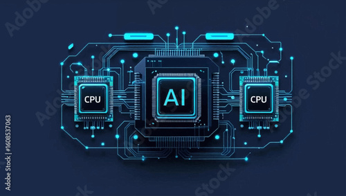 Digital AI chip, semiconductor, and CPU on dark blue technology background