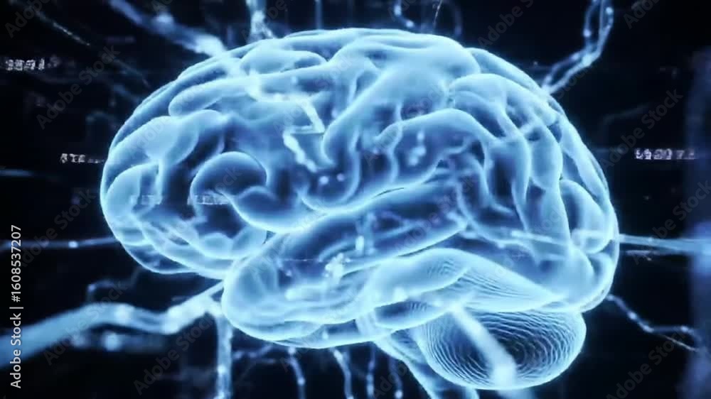 custom made wallpaper toronto digitalA glowing, translucent blue brain illustration with neural connections, representing intelligence, thought, and cognitive processes.
