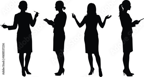 Silhouette of four businesswomen in teamwork meeting, office presentation, leadership, collaboration, corporate strategy, female professionals, workplace diversity