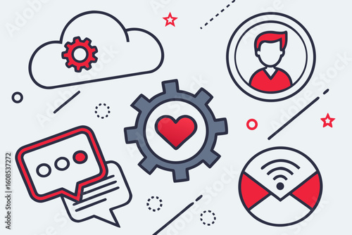 Futuristic white-gray backdrop with tech motifs and blue-accented gradients. Contains cloud, wifi, and artificial intelligence iconography for clean startup branding.